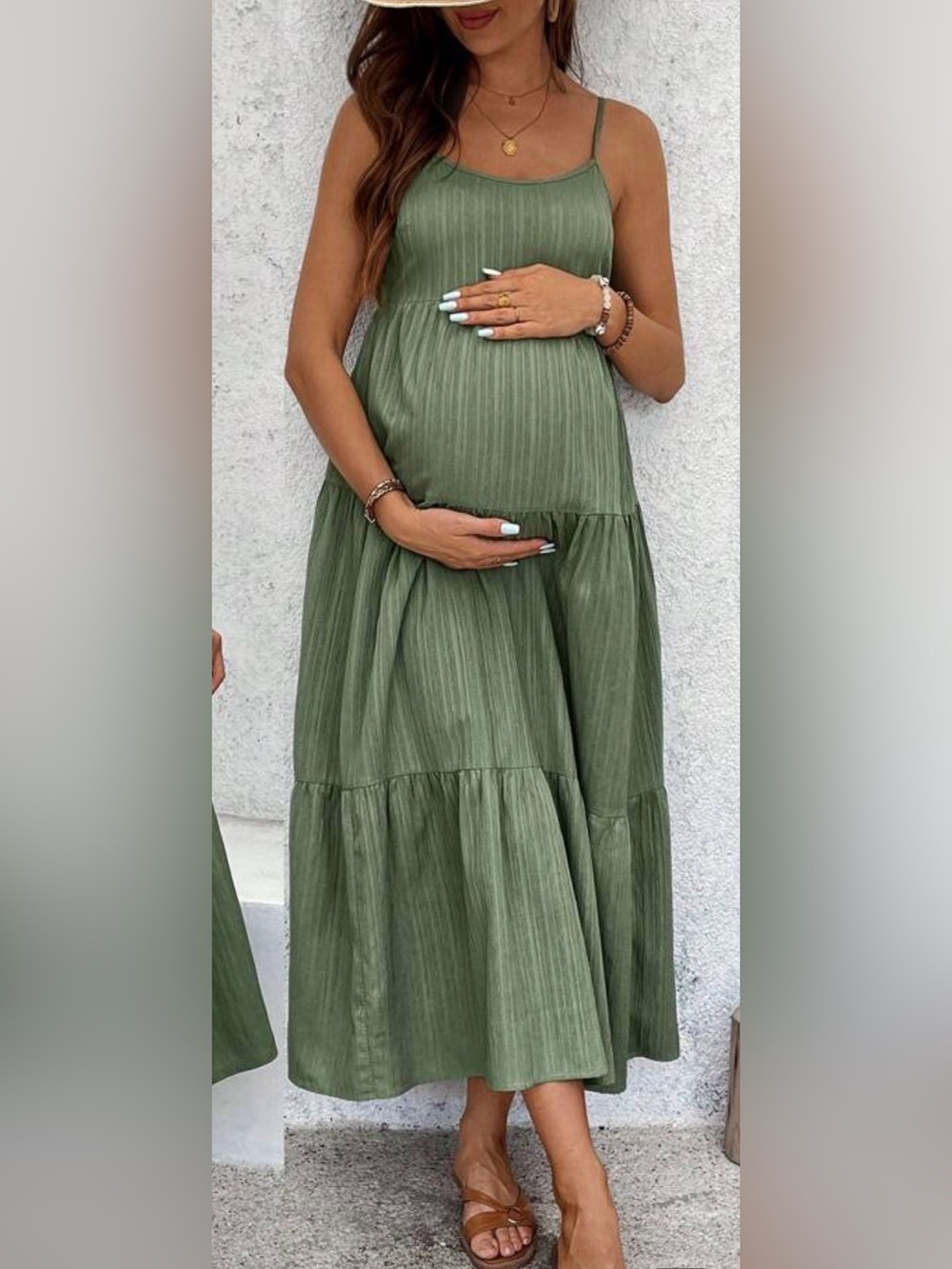 SHEIN Olive Green Spaghetti Strap Tiered Maxi Dress